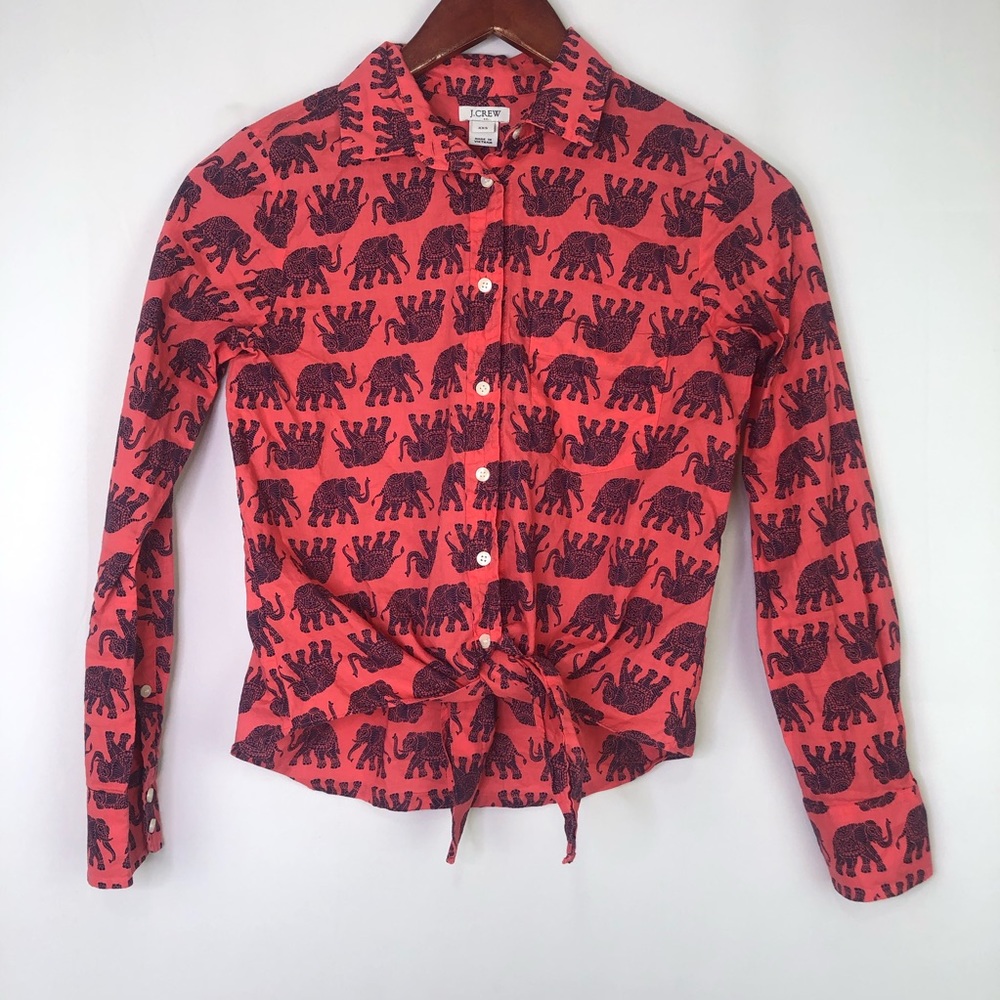 J.Crew Elephant Button Up Long Sleeve XXS Pink Printed Colorful Collared Cropped
